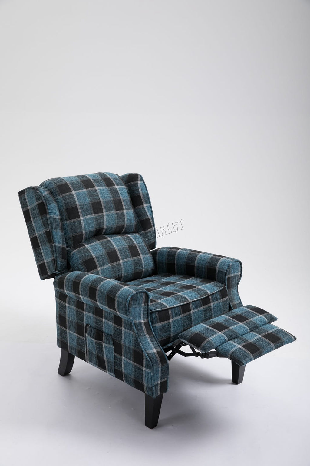 Blue checkered recliner armchair on a white background