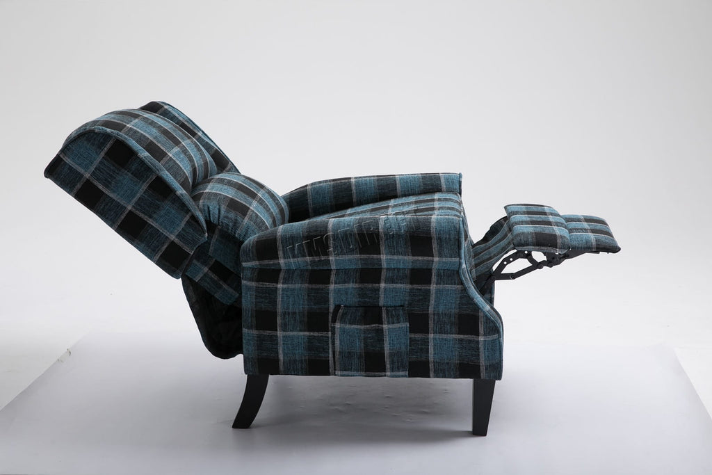 Blue checkered recliner armchair on a white background