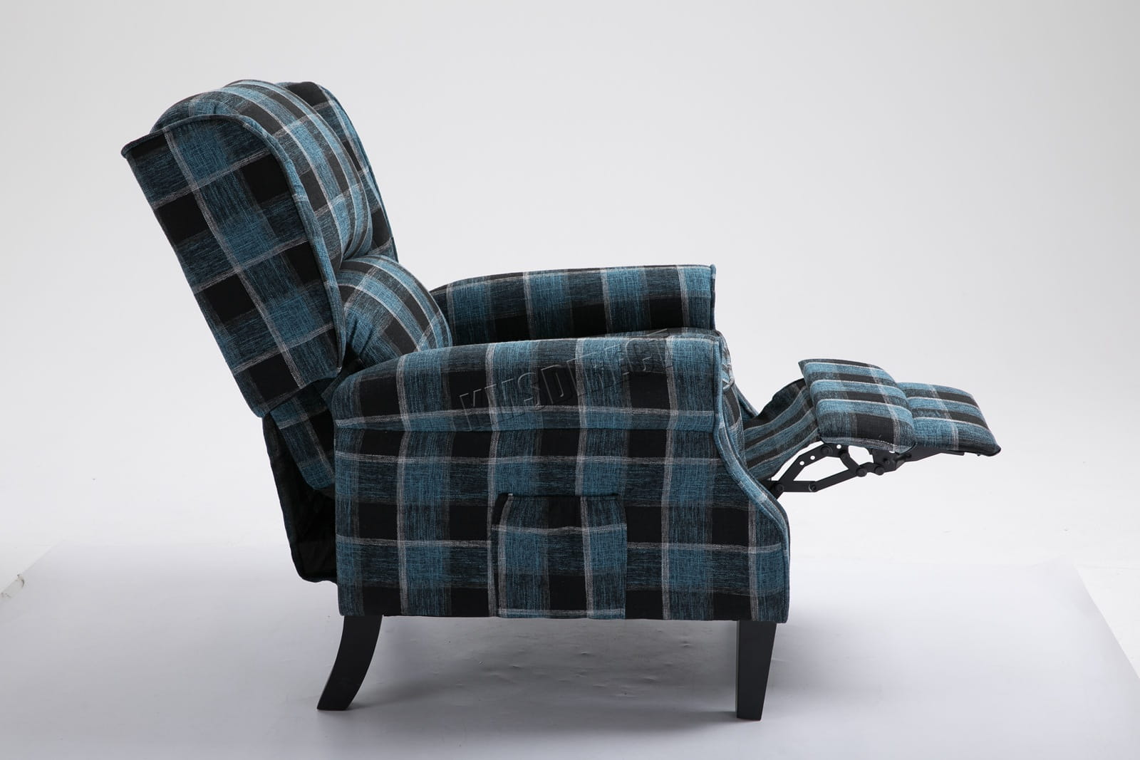 Blue checkered recliner armchair on a white background