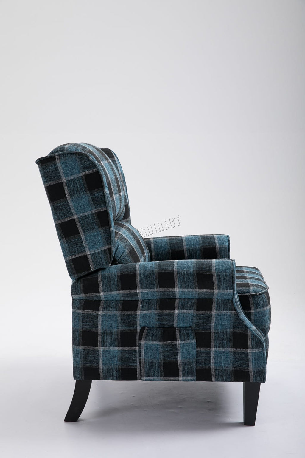Blue checkered recliner armchair on a white background