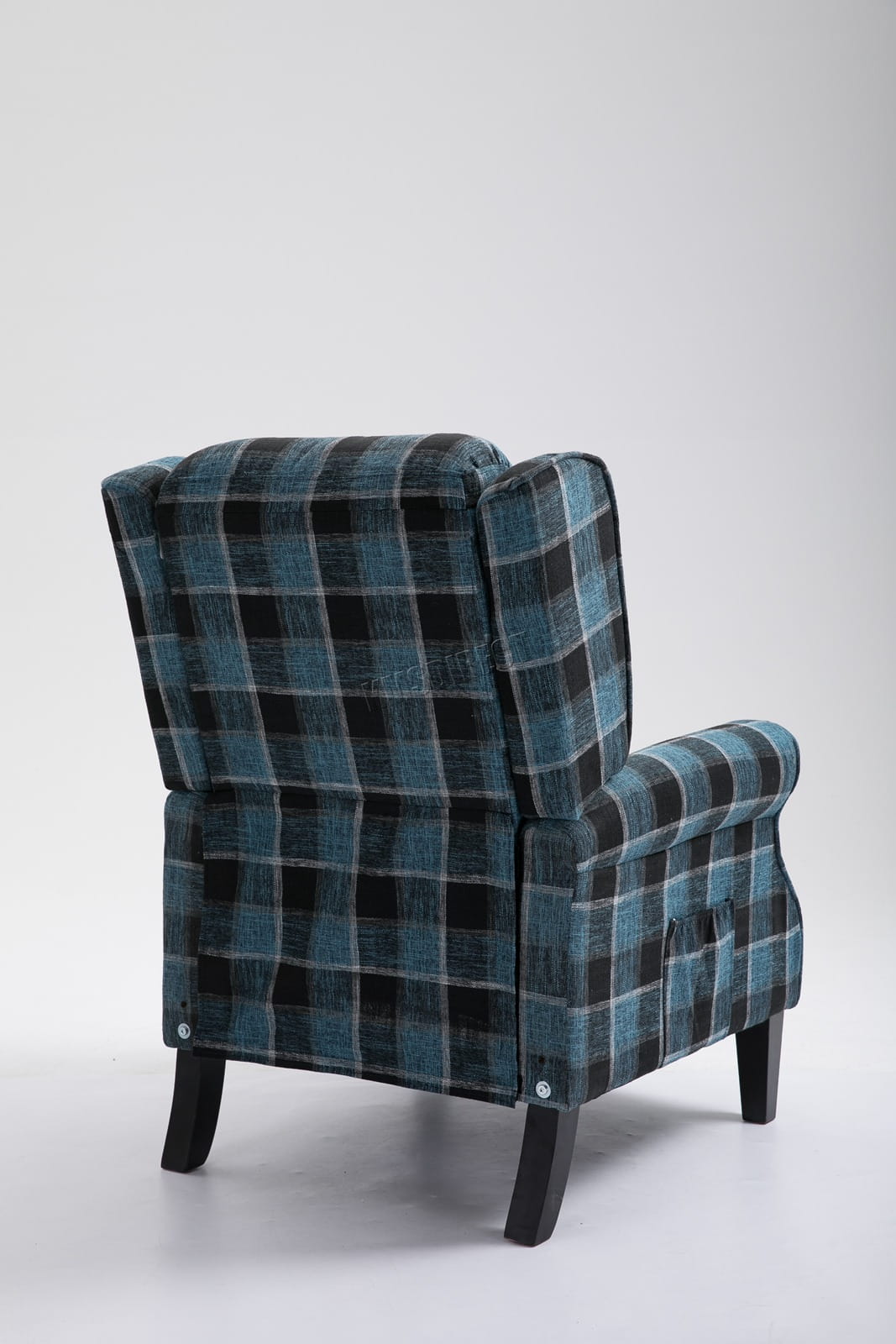 Blue checkered recliner armchair on a white background