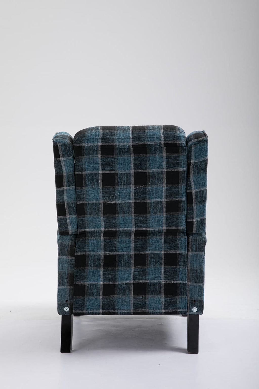 Blue checkered recliner armchair on a white background