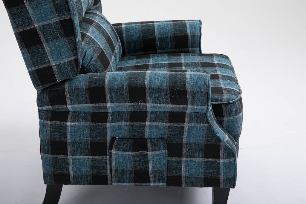 Blue checkered recliner armchair on a white background