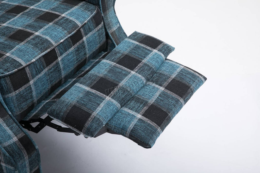 Blue checkered recliner armchair on a white background