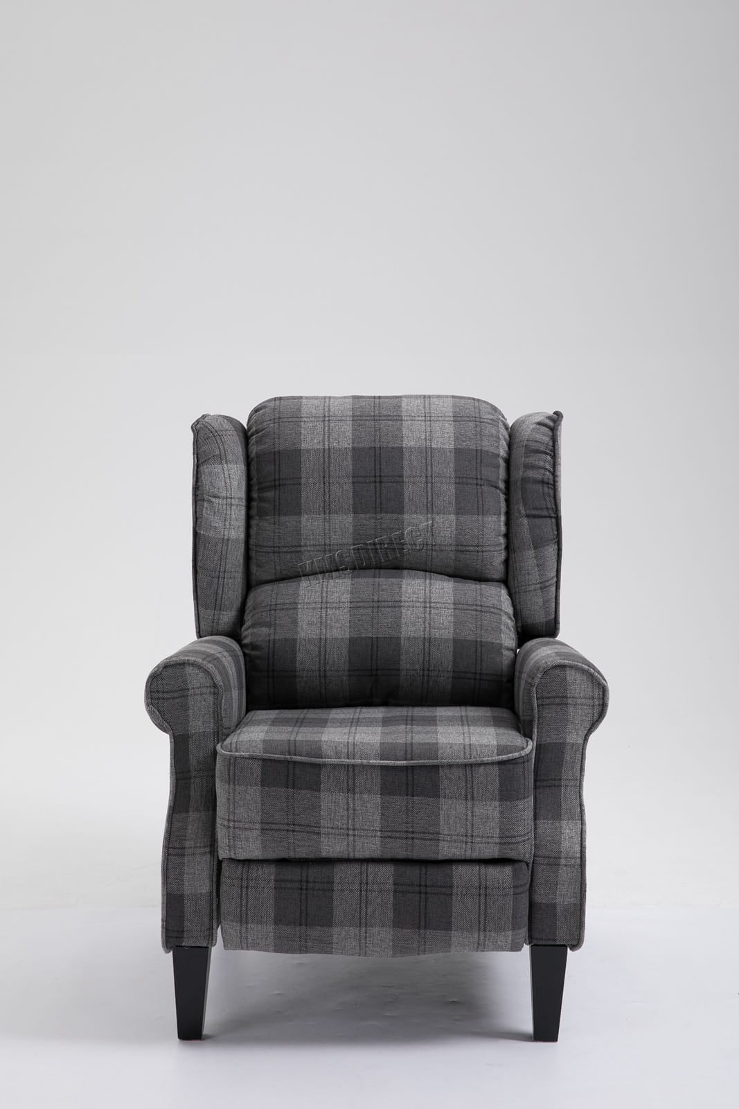 Grey checkered recliner armchair on a white background
