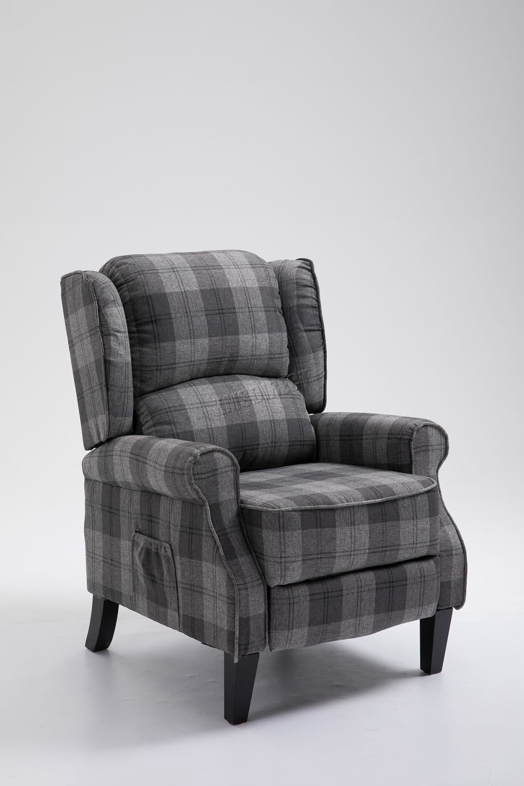 Grey checkered recliner armchair on a white background