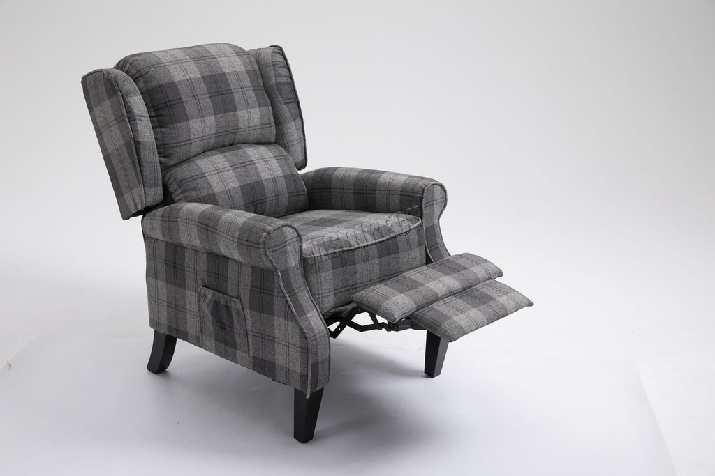 Grey checkered recliner armchair with reclining feature on a white background