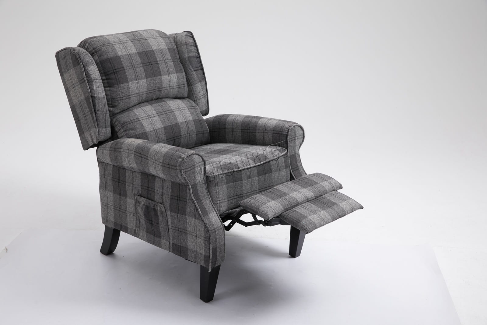 Grey checkered recliner armchair with reclining feature on a white background