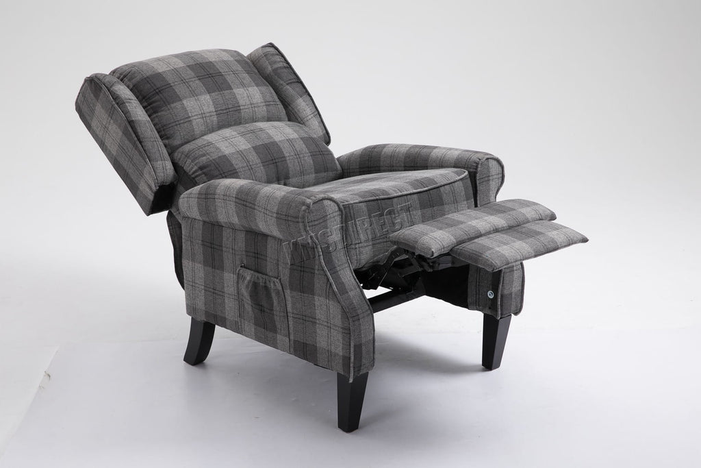 Grey checkered recliner armchair on a white background
