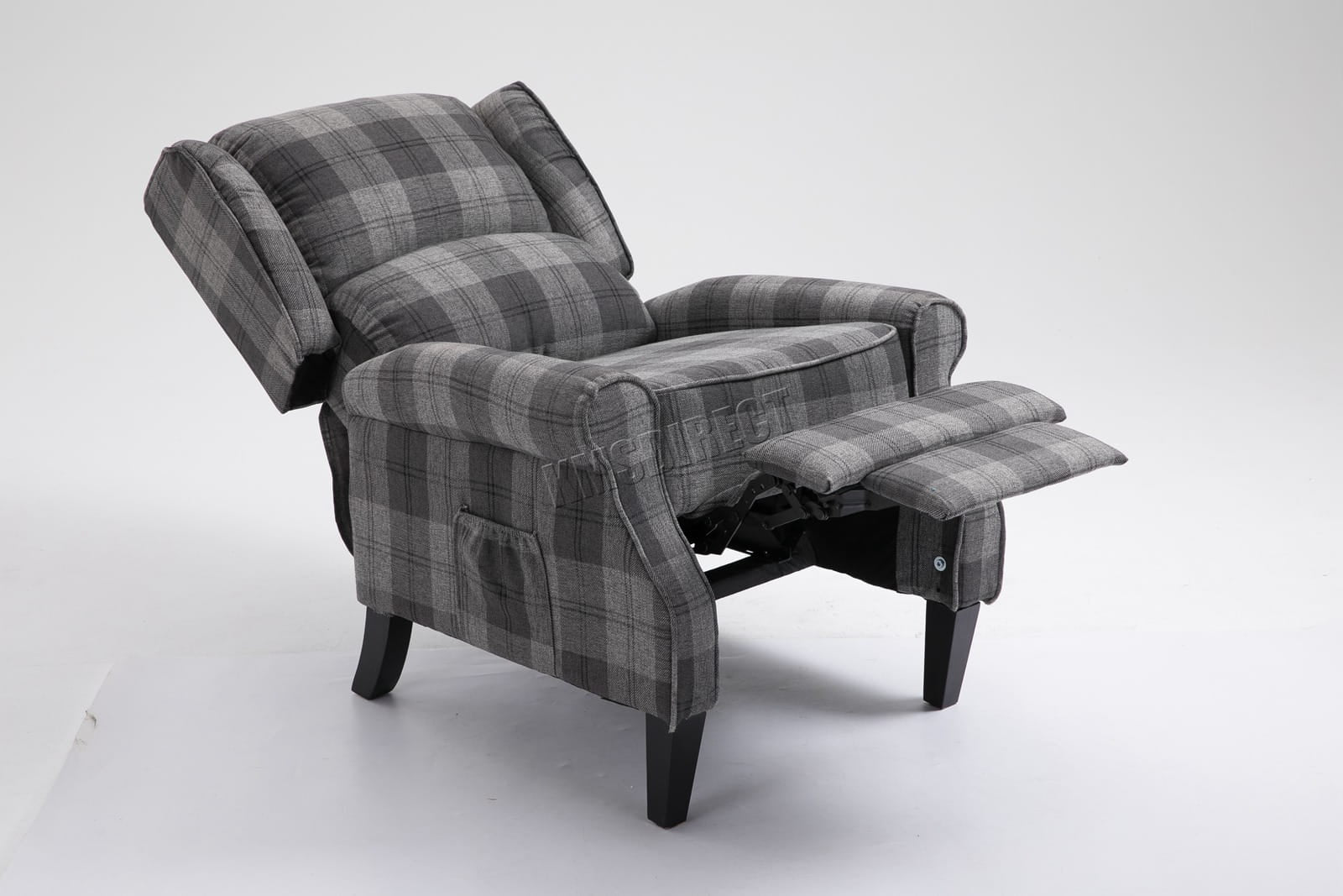 Grey checkered recliner armchair on a white background