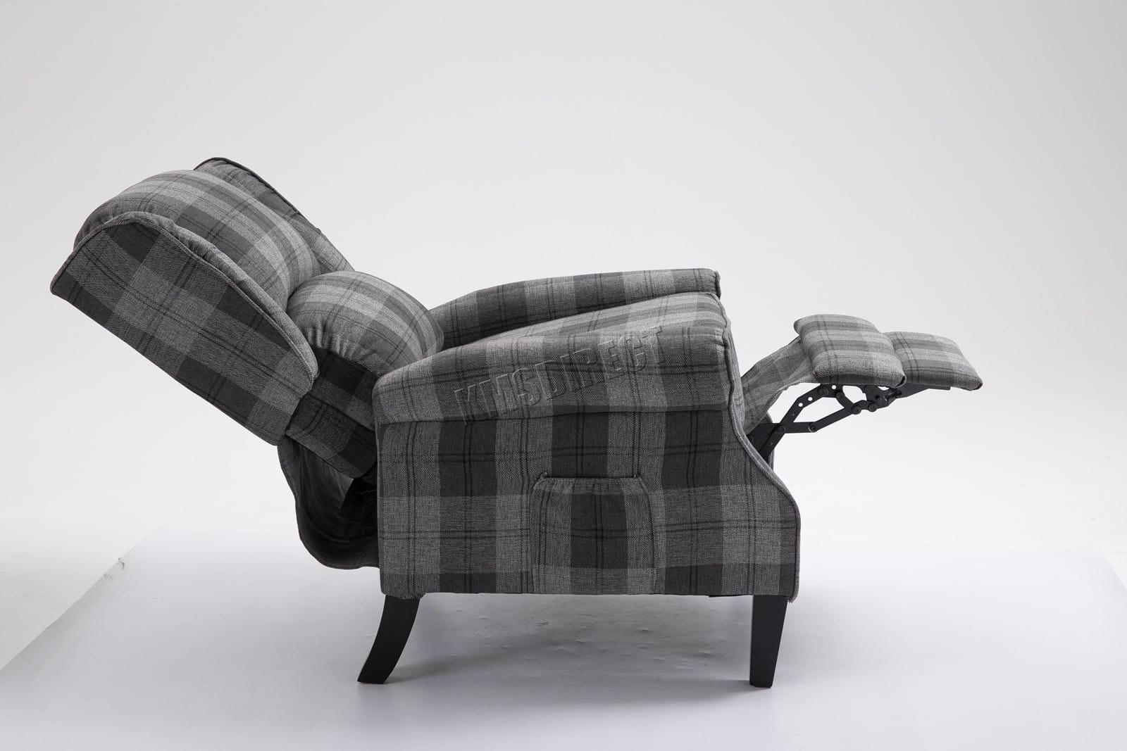 Grey checkered recliner armchair on a white background