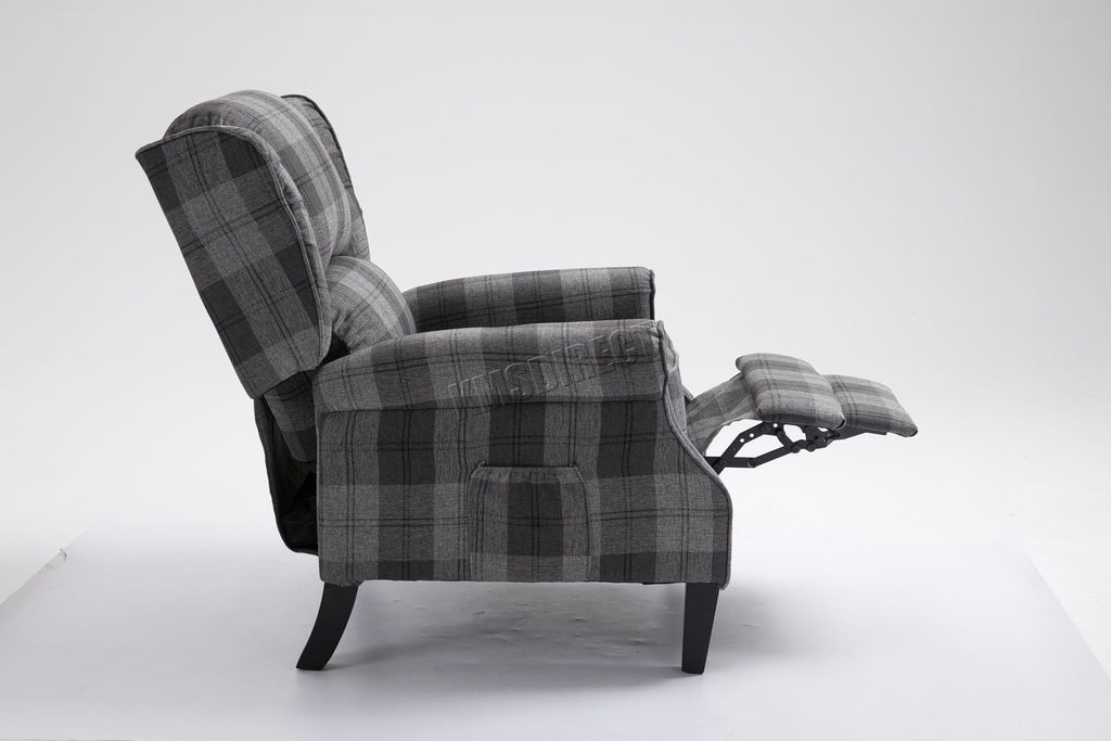Grey checkered recliner armchair on a white background