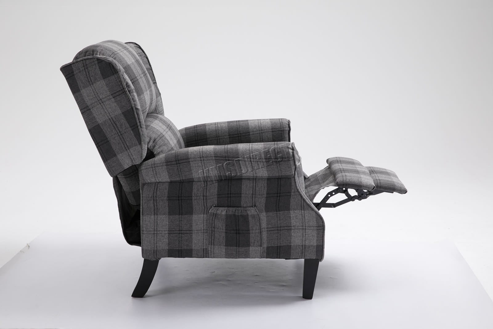 Grey checkered recliner armchair on a white background