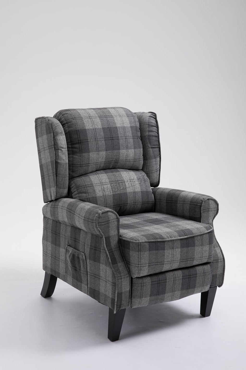 Grey checkered recliner armchair on a white background