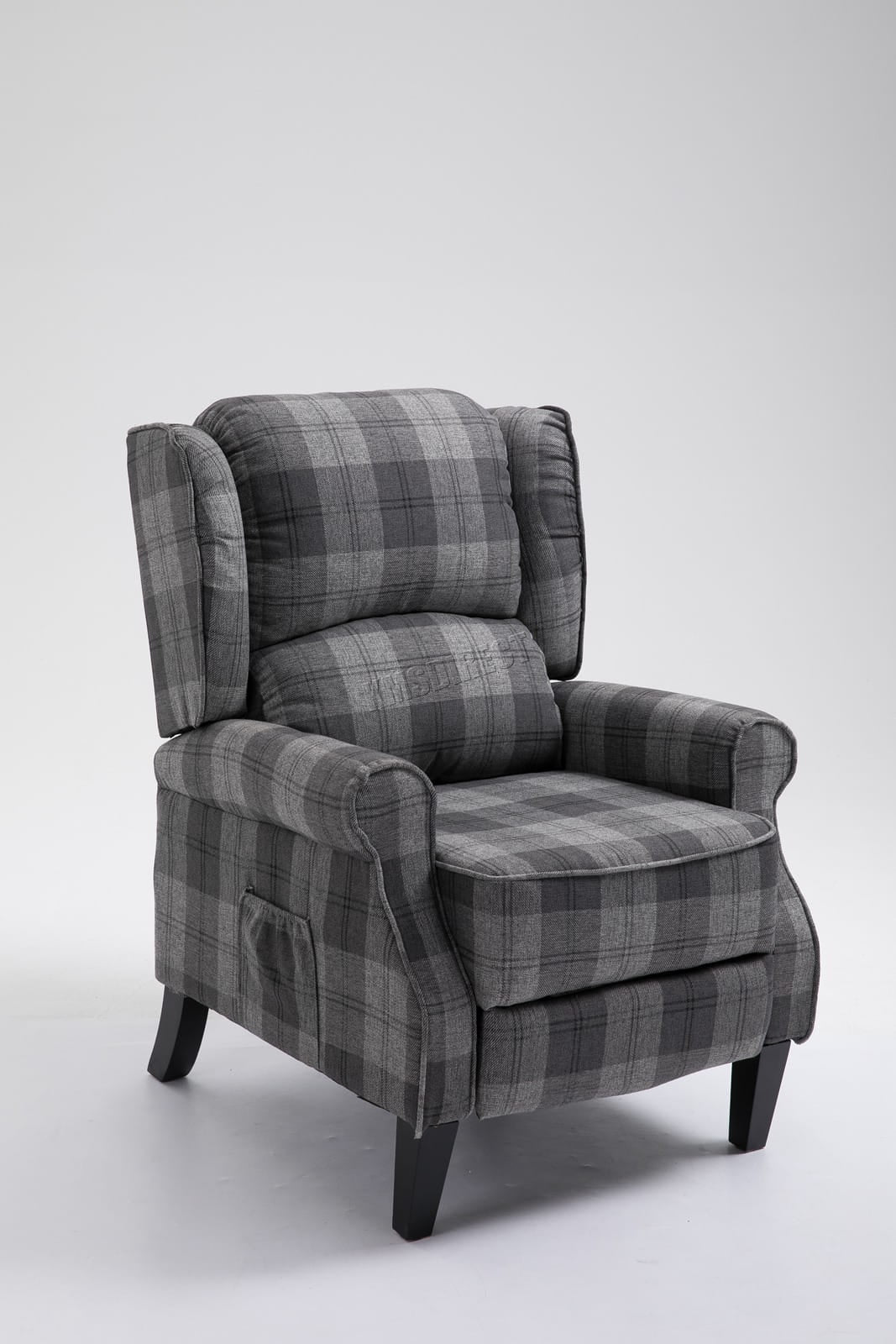 Grey checkered recliner armchair on a white background