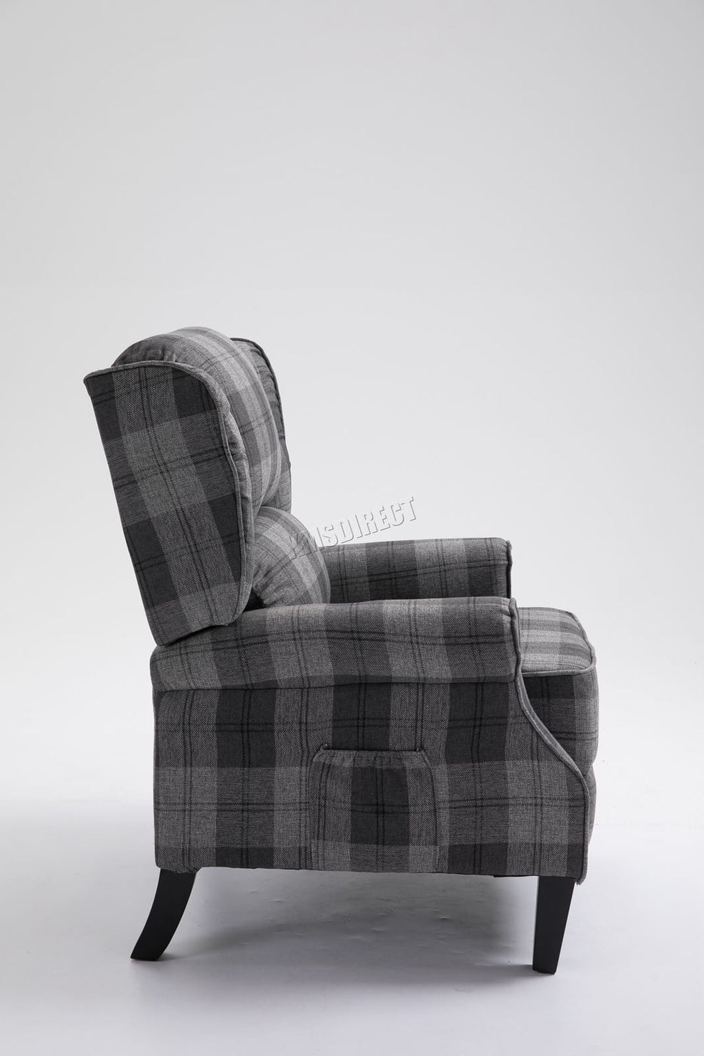 Grey checkered recliner armchair on a white background