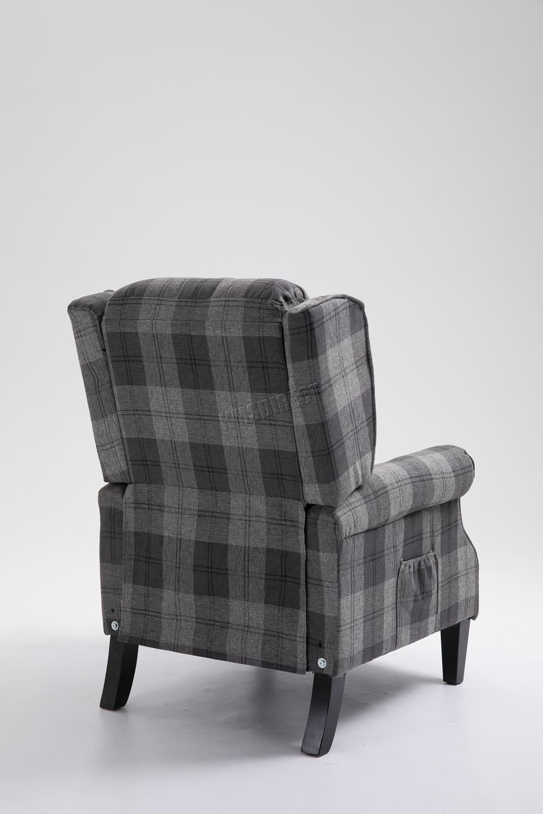 Grey checkered recliner armchair on a white background