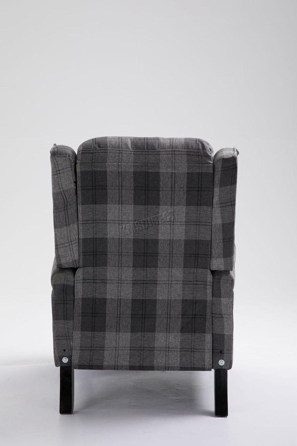 Grey checkered recliner armchair on a white background