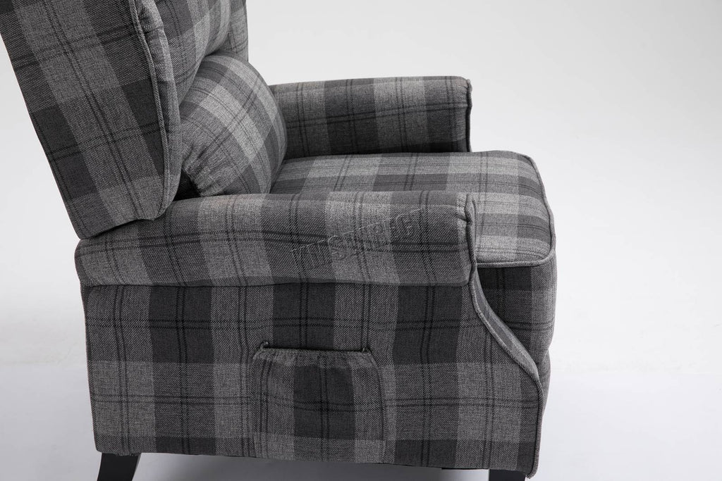 Grey checkered recliner armchair on a white background