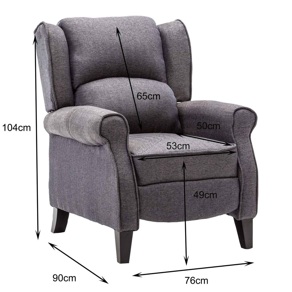 Grey recliner armchair with dimensions marked on a white background