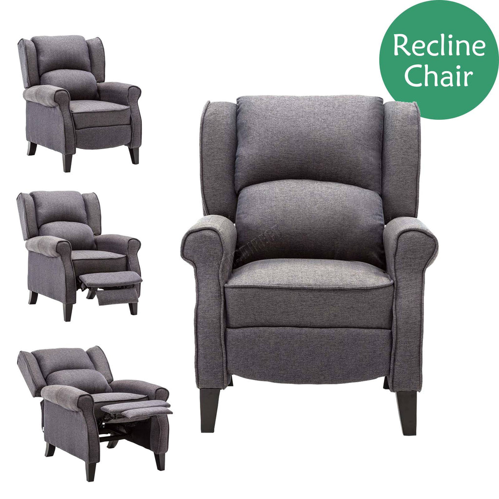 Grey recline chair with multiple angles shown on a white background