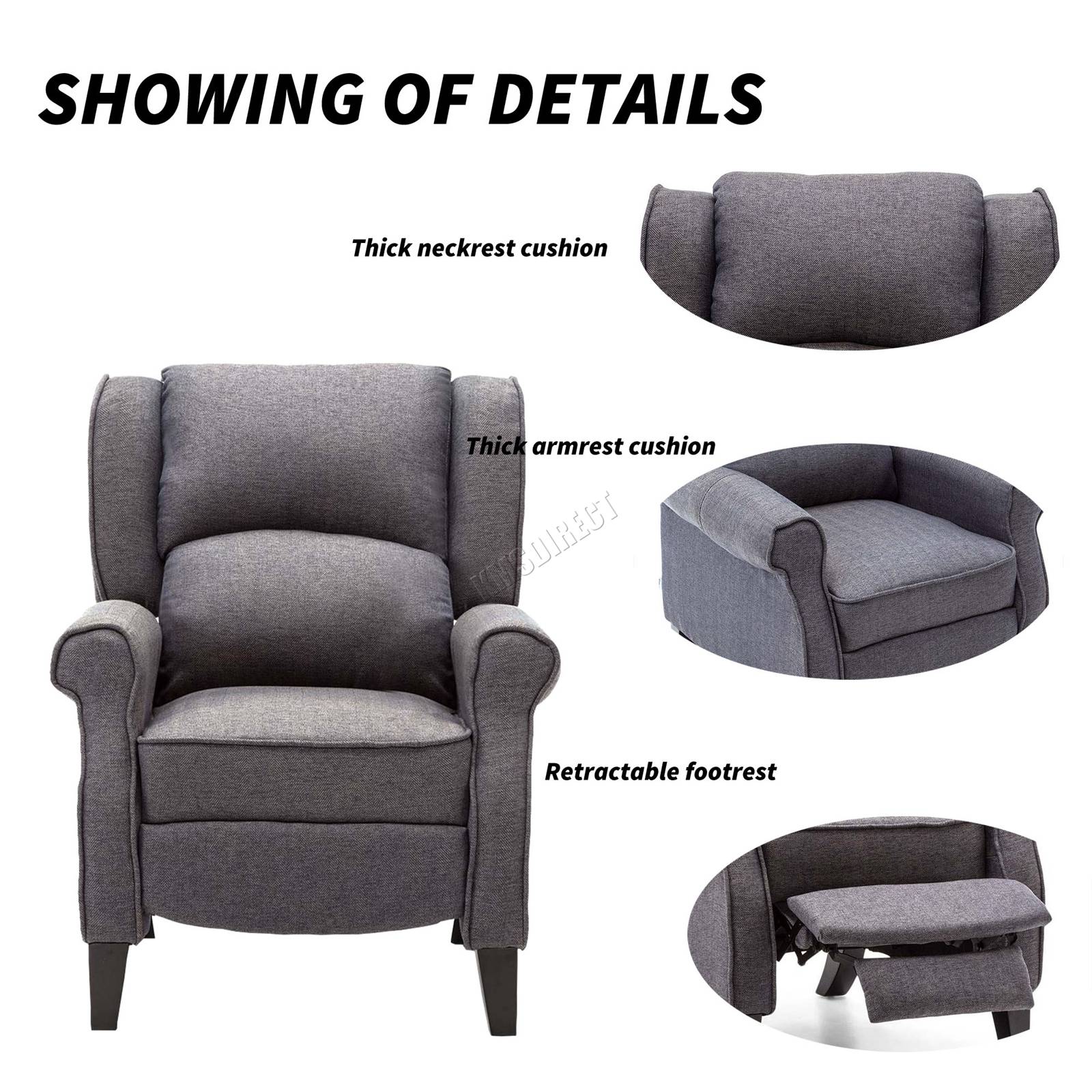 Grey recliner armchair with labeled features on a white background