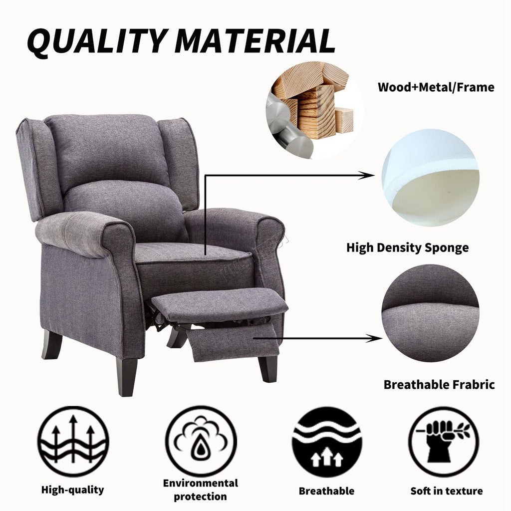 Grey recliner armchair with quality material features highlighted on a white background
