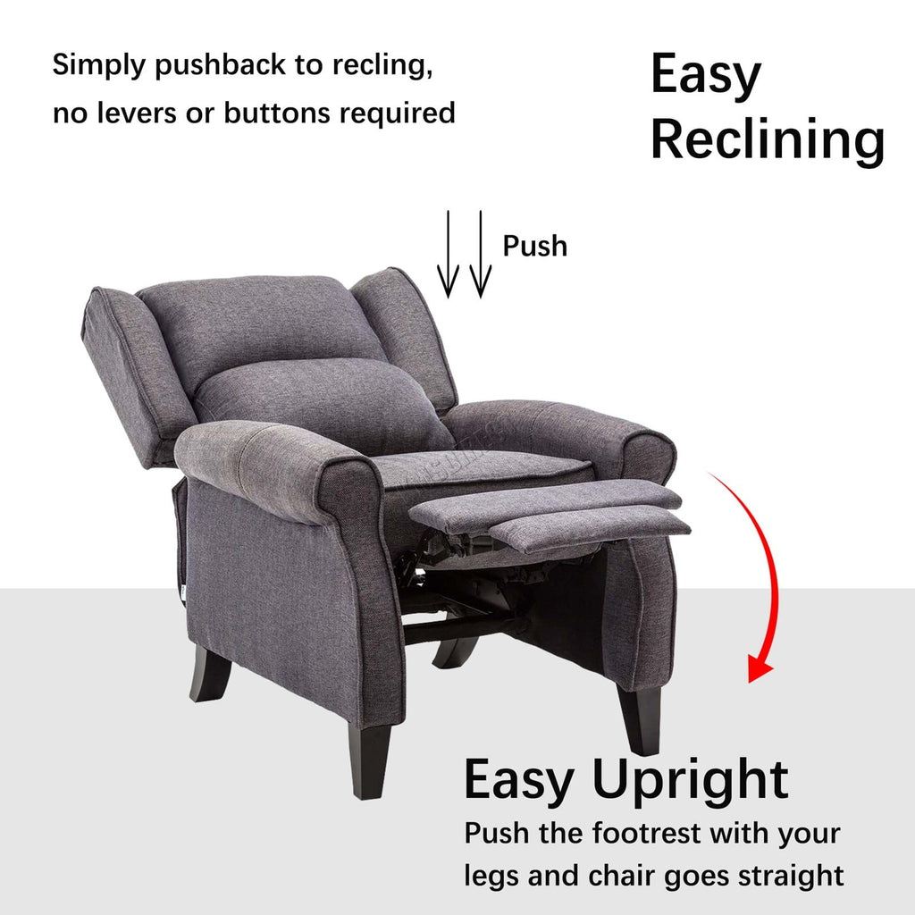 Grey recliner armchair with text and arrows indicating easy reclining and uprighting.