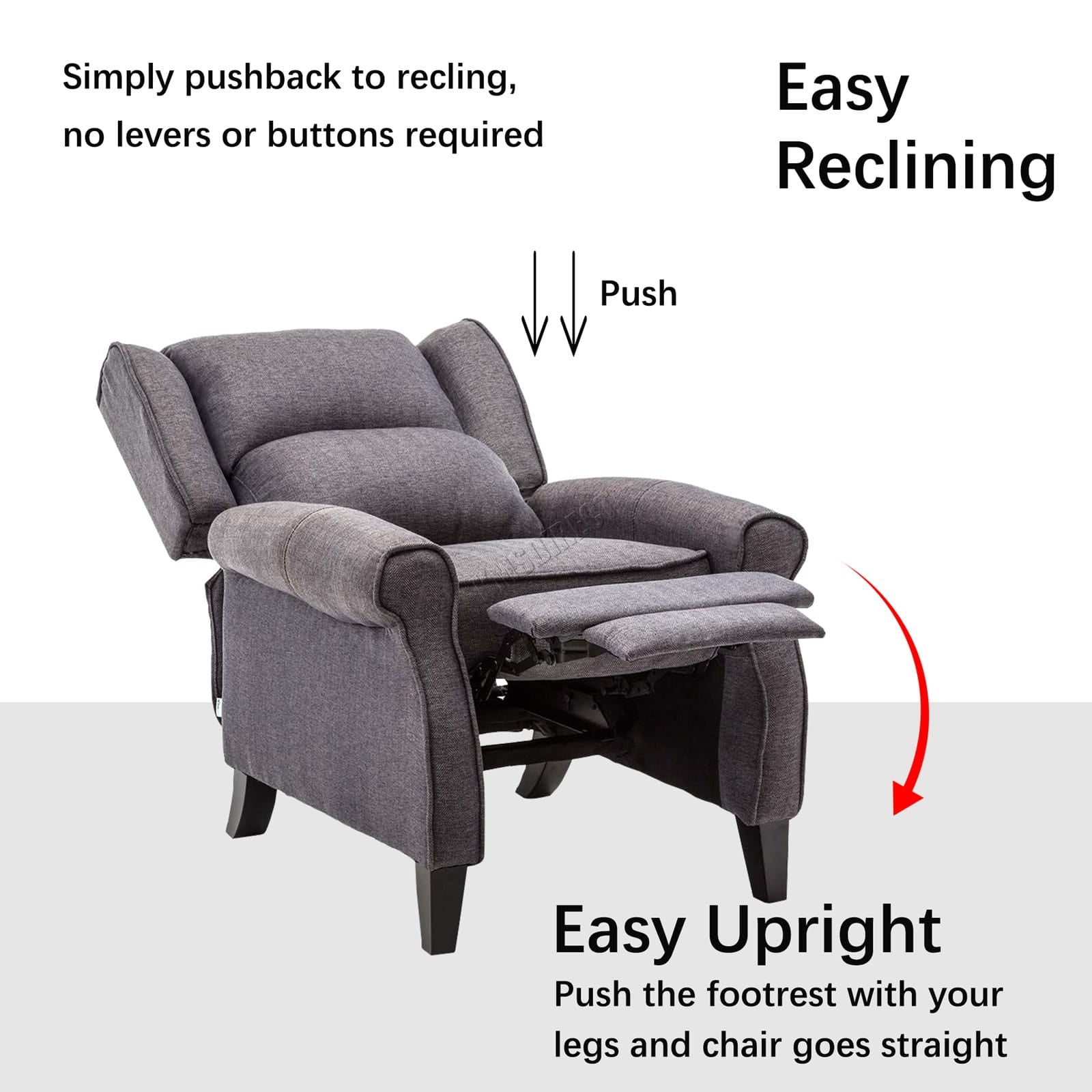 Grey recliner armchair with text and arrows indicating easy reclining and uprighting.