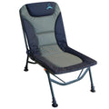 Folding reclining fishing chair with gray cushion on a white background