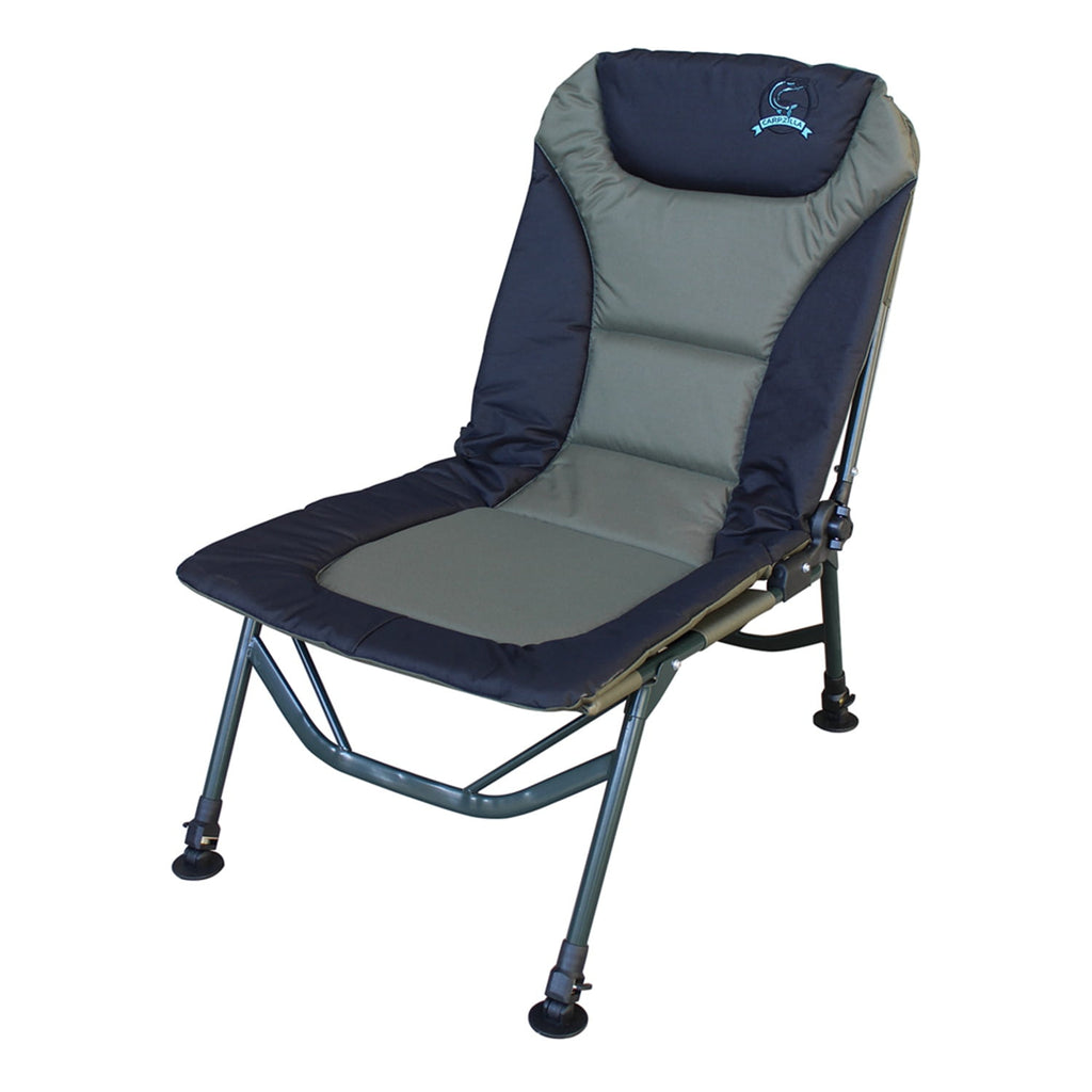 Foldable reclining fishing chair with navy design on a white background
