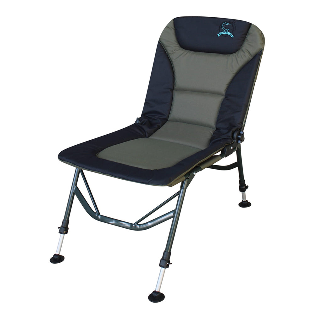 Foldable reclining fishing chair with grey and navy fabric on a white background