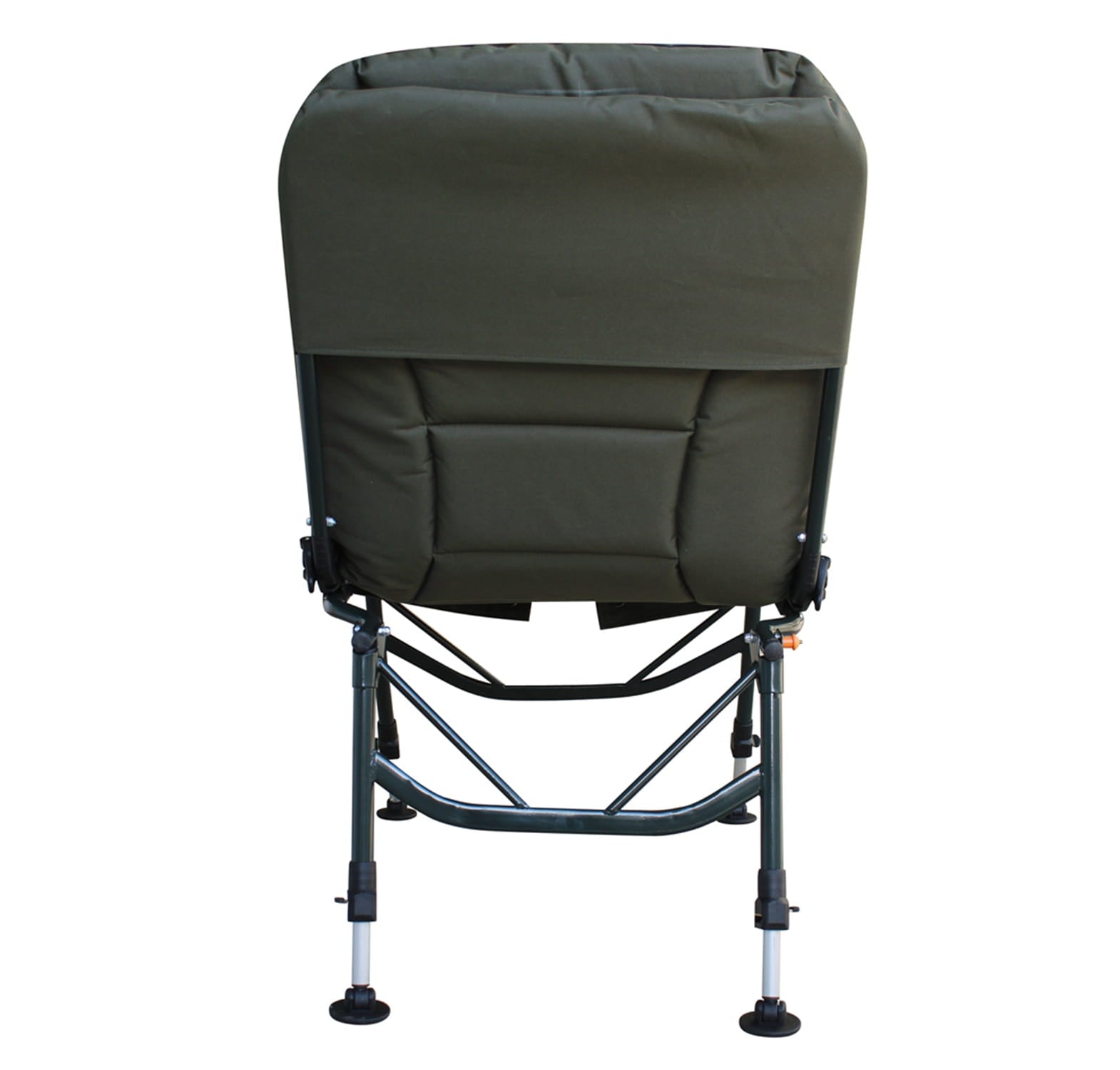 Green reclining fishing chair with adjustable backrest on a white background