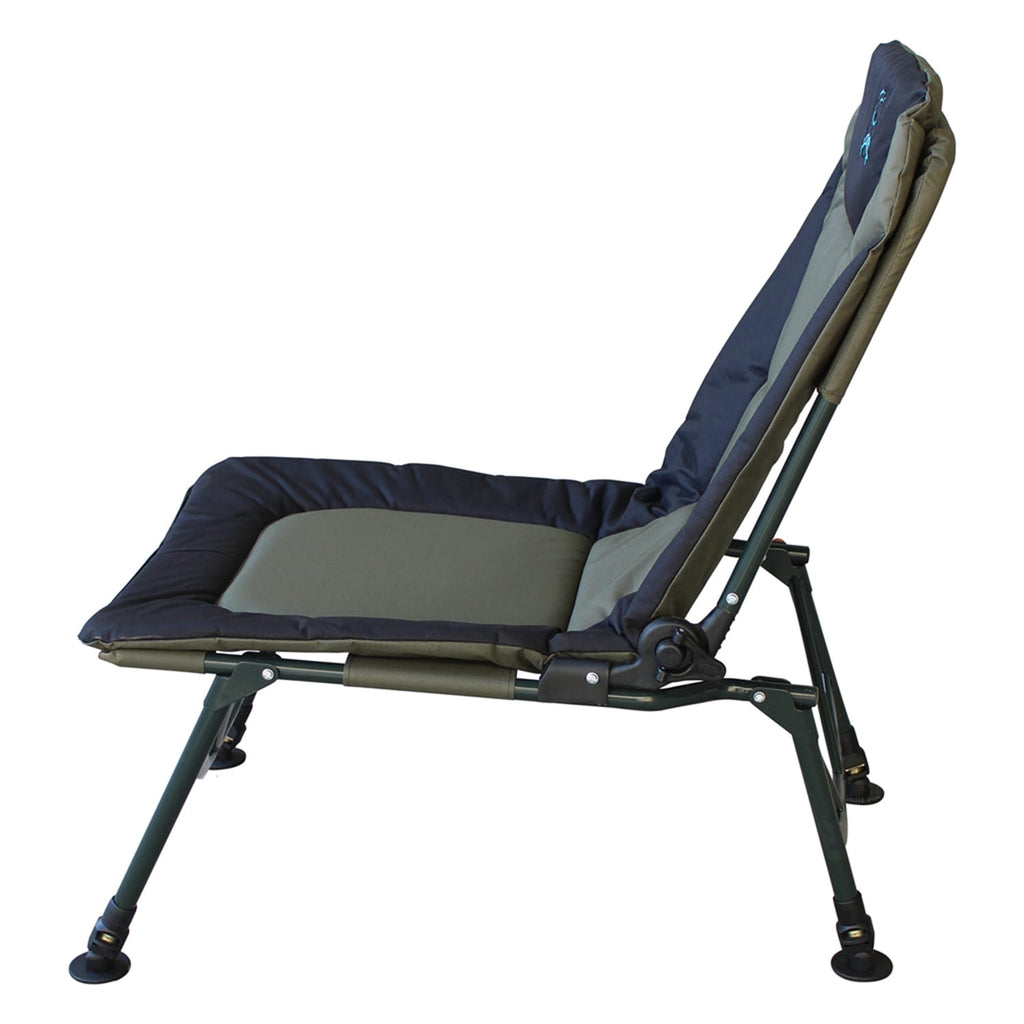 Foldable reclining fishing chair with green and grey fabric on a white background