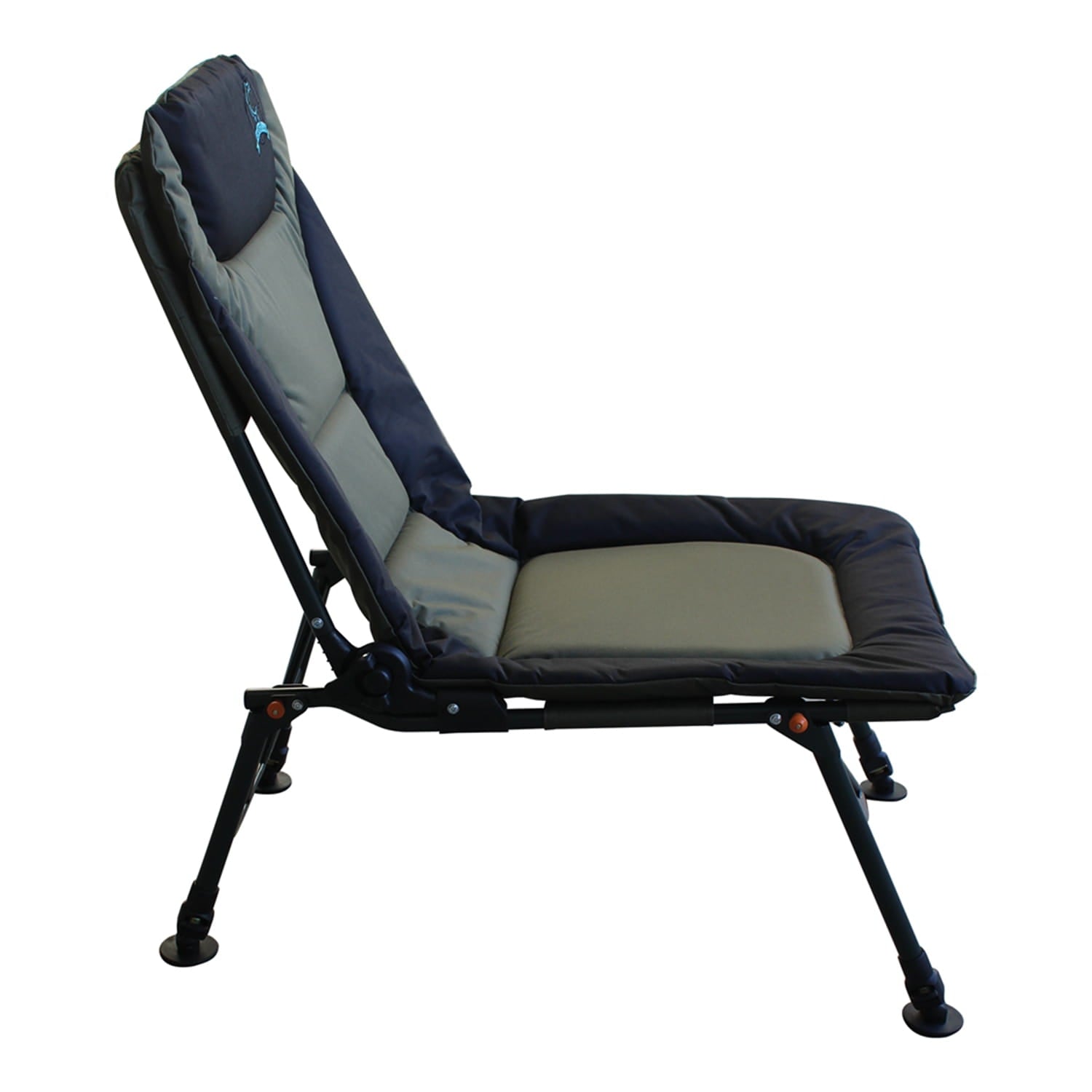 Foldable reclining fishing chair with black pillow on a white background