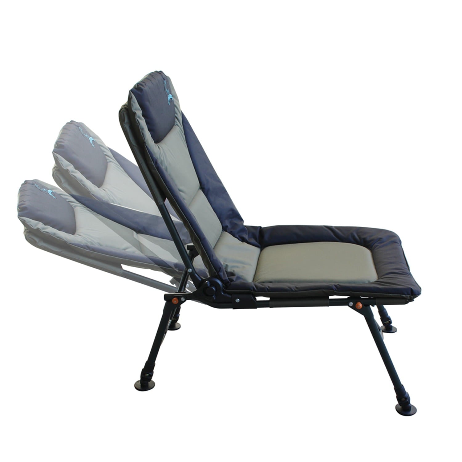 Reclining fishing chair showing different angles on a whie background.