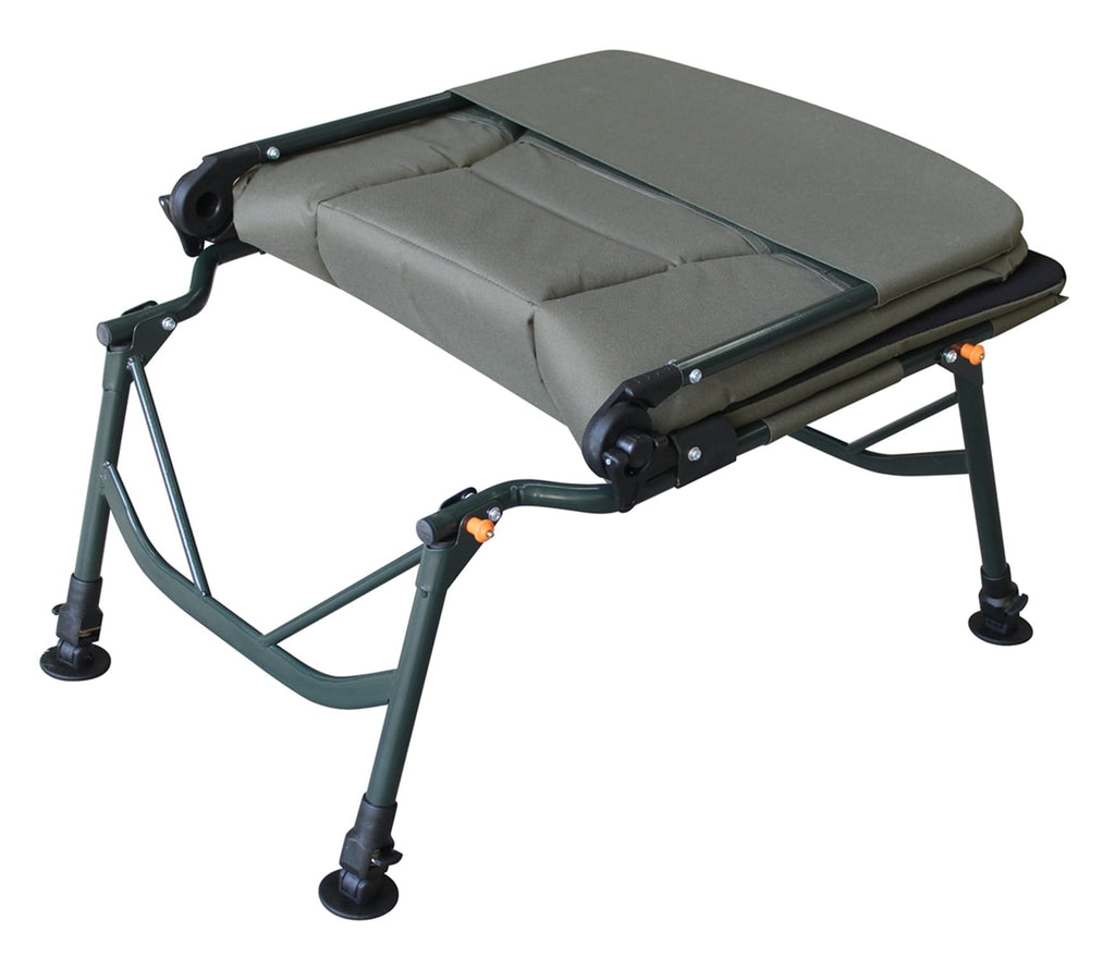 Foldable reclining fishing chair with green mattress on a white background