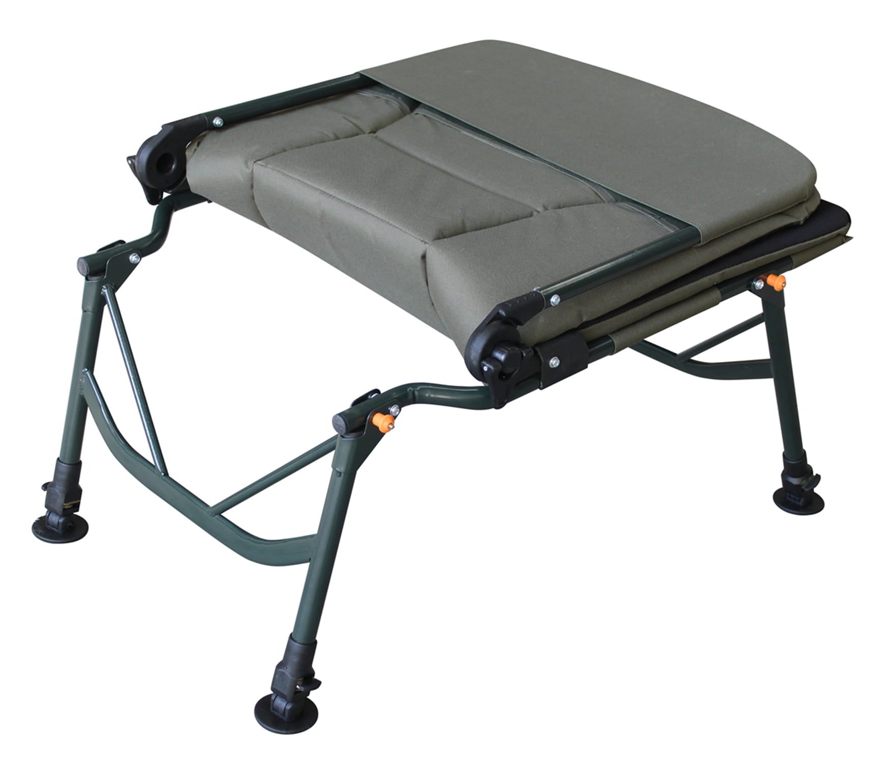Foldable reclining fishing chair with green mattress on a white background