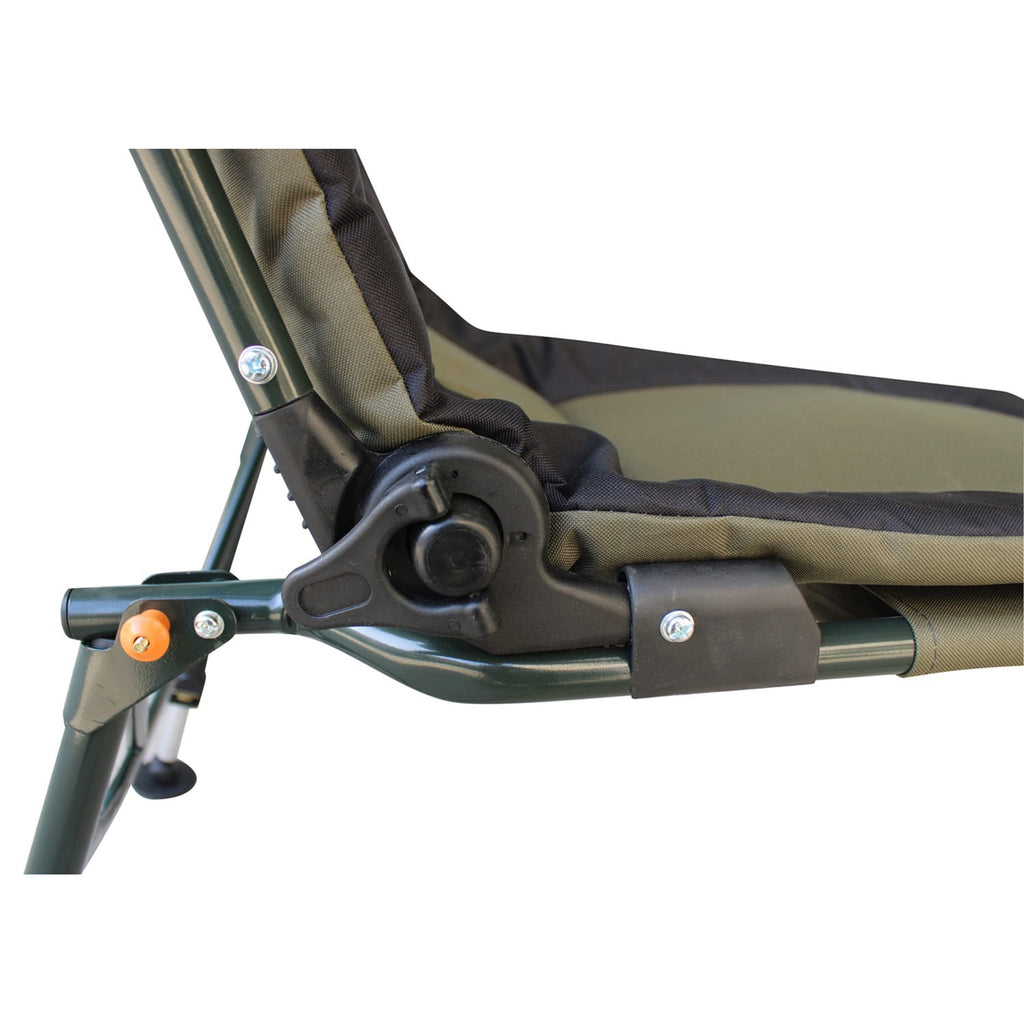 Close-up of a green reclining fishing chair with a white background