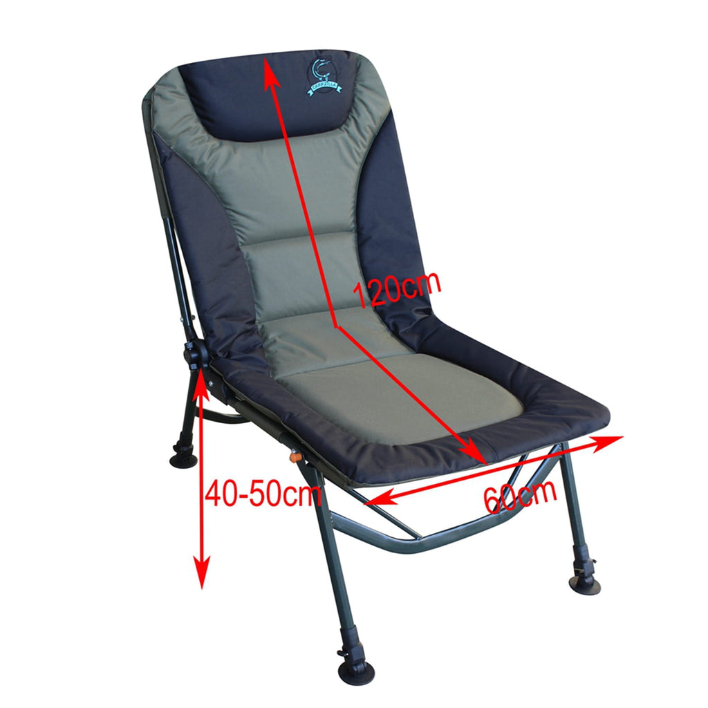 Folding reclining fishing chair with measurements on a white background