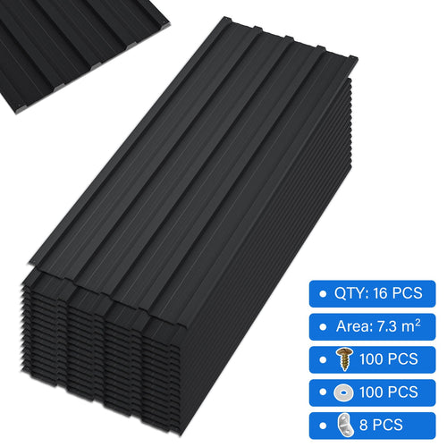 Stack of black roof sheets with quantity and area details on a white background