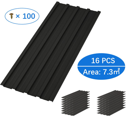 Black metal roof sheets with screws and area measurement on a white background