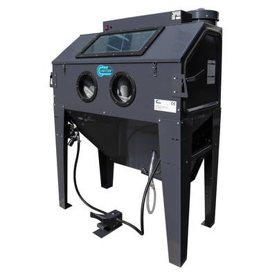 Black industrial sandblastering machine with visible branding on a white background