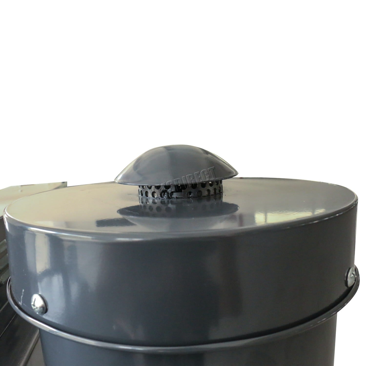 Metallic cylindrical object with a dome-shaped top from a sandblastering machine on a white background