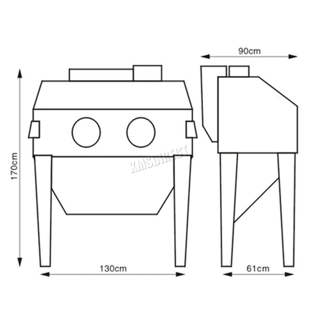 Technical drawing of a sandblastering machine with dimensions labeled