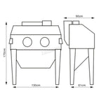 Technical drawing of a sandblastering machine with dimensions labeled