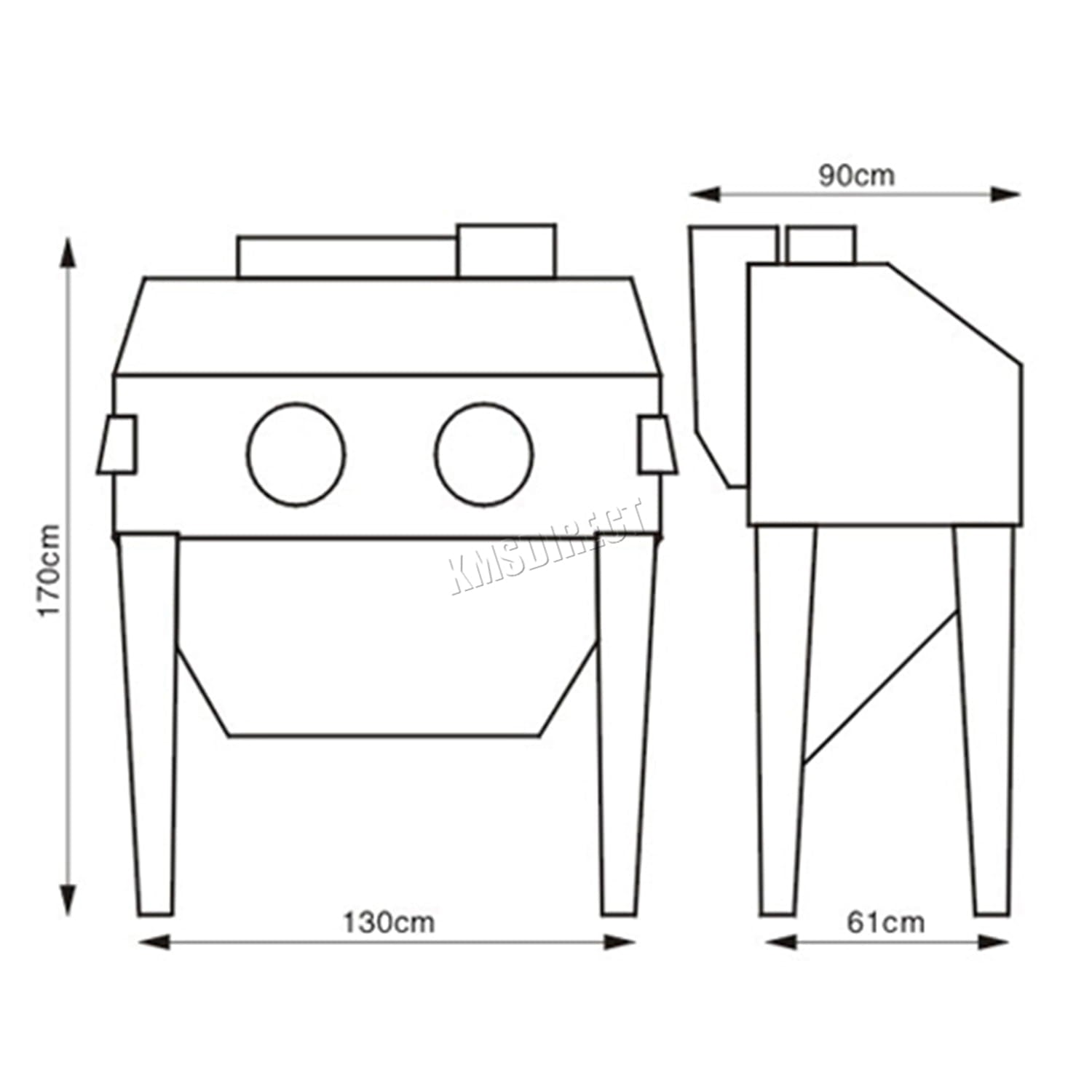 Technical drawing of a sandblastering machine with dimensions labeled