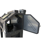 Black metal sandblasting machine with open door on a white background