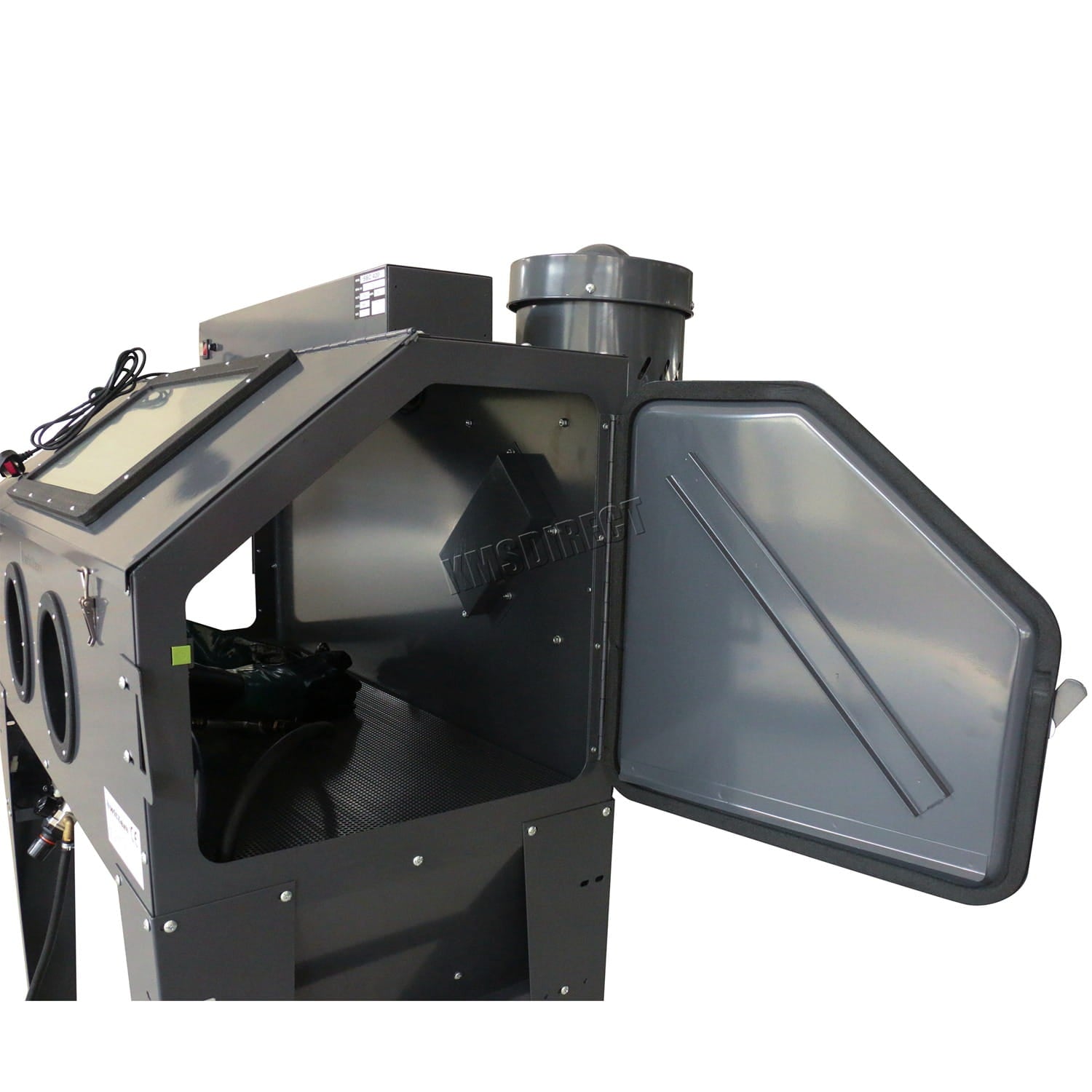 Black metal sandblasting machine with open door on a white background
