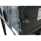 Close-up of a black metal sandblasting machine with cylindrical components and visible branding on a white background.